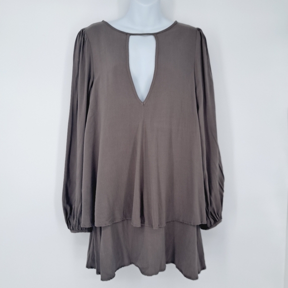 Free People Made In Philadelphia Rayon Layered  Taupe Deep V Dress - Picture 8 of 8